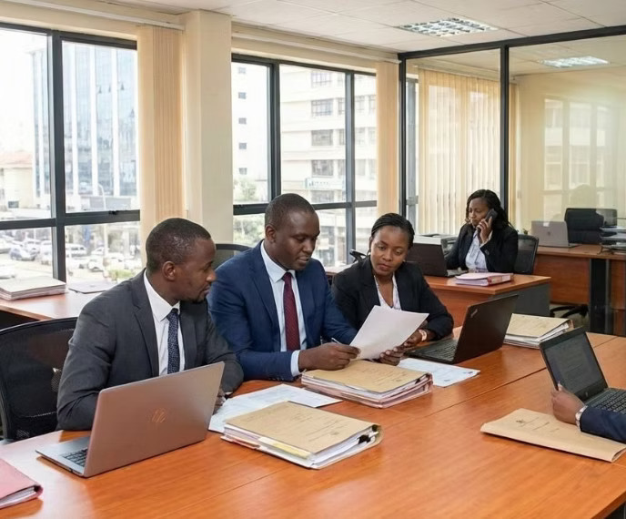 African legal professionals in formal business attire reviewing case documents in a modern office
